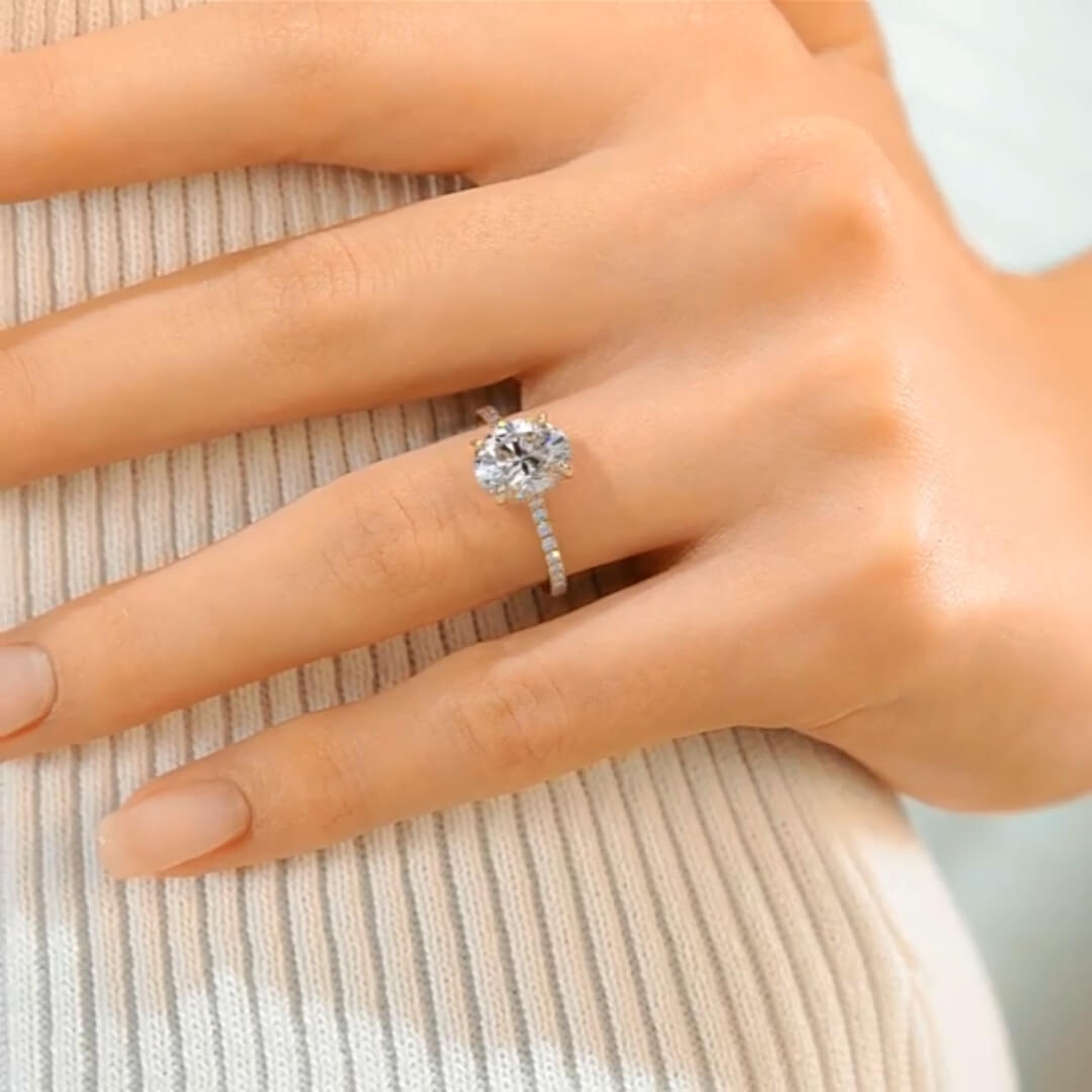 Radiating Solarii Moissanite 3.0ct Oval Cut 925 Sterling Silver Hidden Halo Engagement Ring