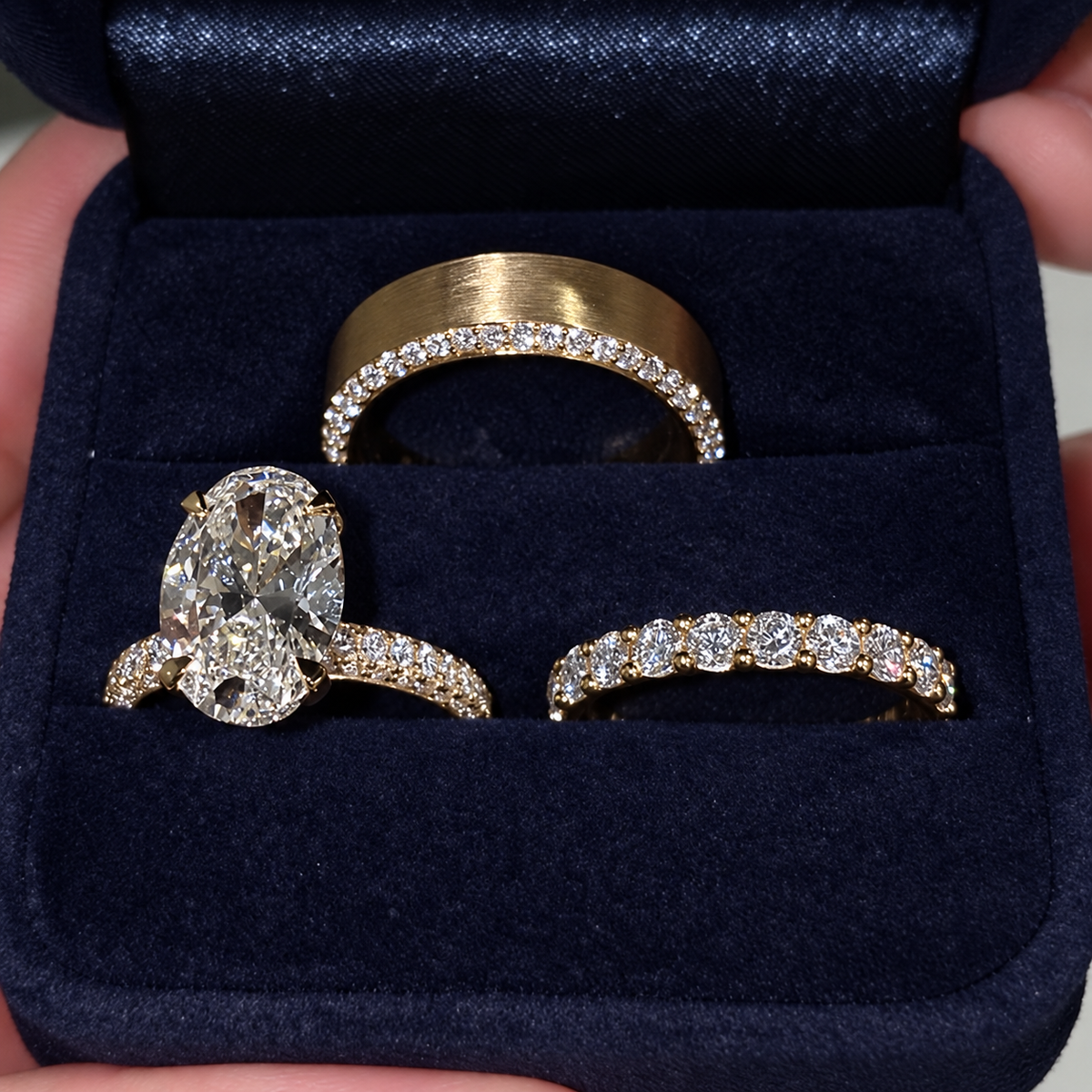 3PC 5.0ct Oval Cut Gemstone Bridal Ring Set With Pave & Brushed Bands