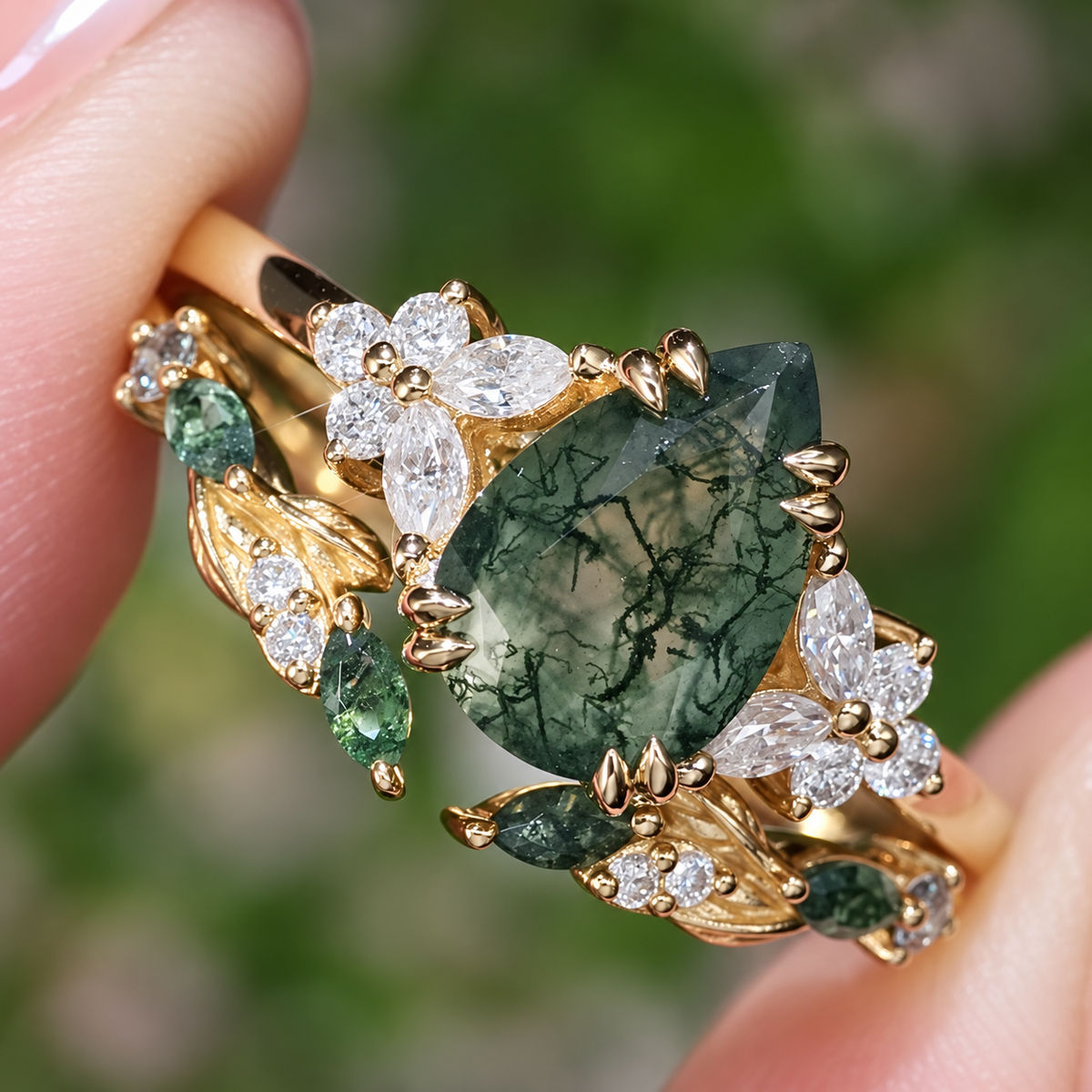 Botanical Moss Agate 2.0ct Pear Cut Ring Set | Floral Vine & Leaf Branch Band