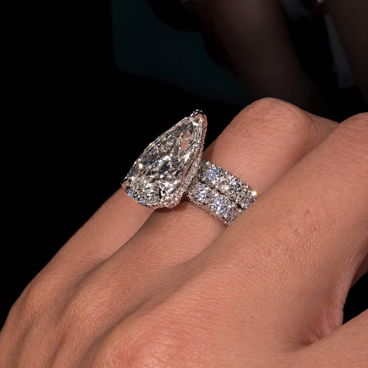 8.0ct Pear Cut Hidden Halo Engagement Ring Set With Pave Band