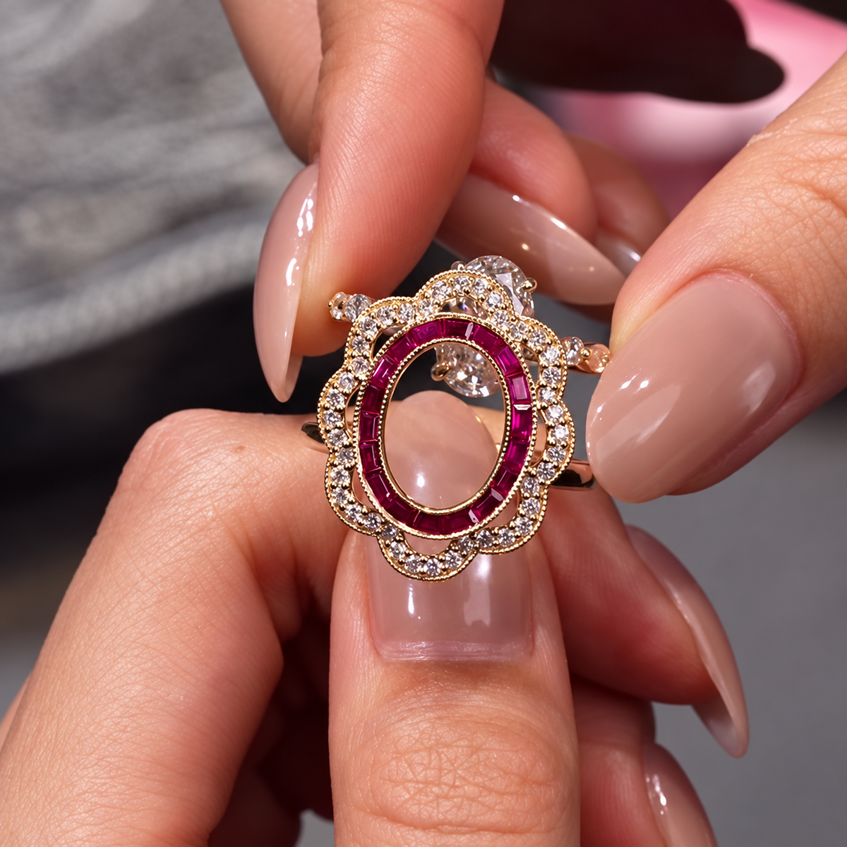 Vintage 1.5ct Oval Cut Gemstone Bridal Ring Set With Ruby Tone Enhancer