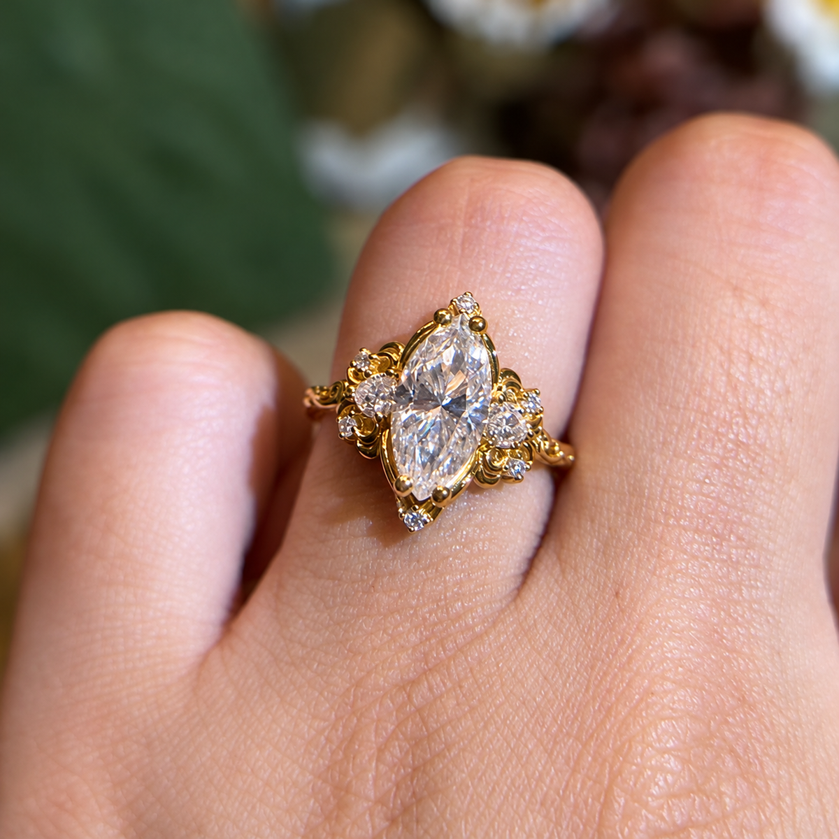 Heirloom 1.5ct Marquise Cut Scrollwork Engagement Ring in Sterling Silver