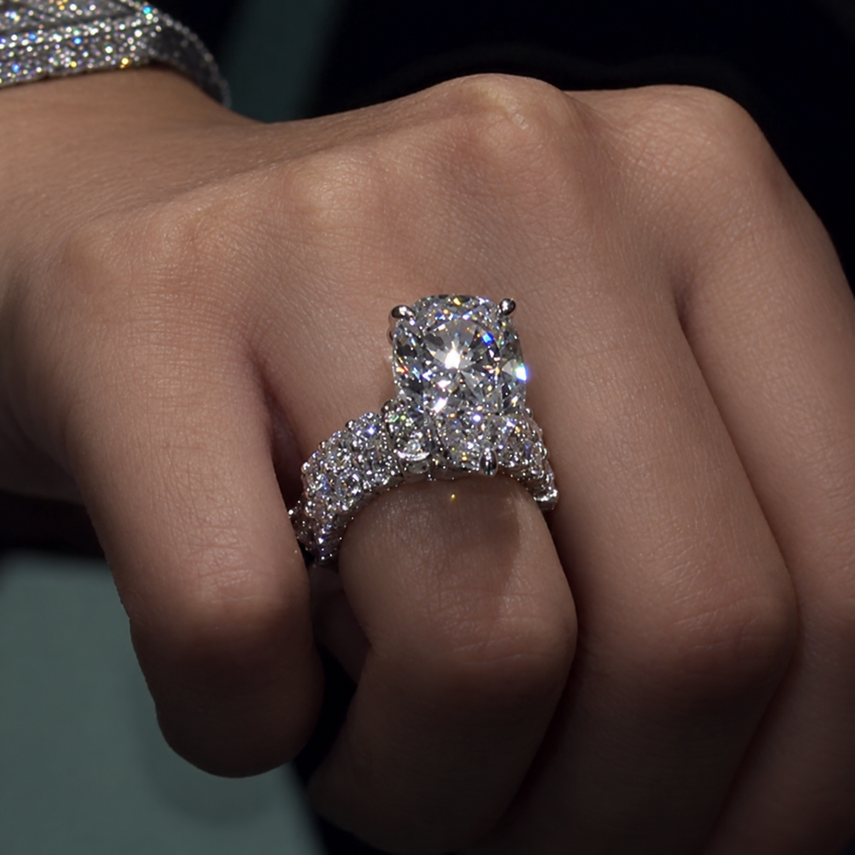 8.0ct Pear Cut Hidden Halo Engagement Ring Set With Pave Band
