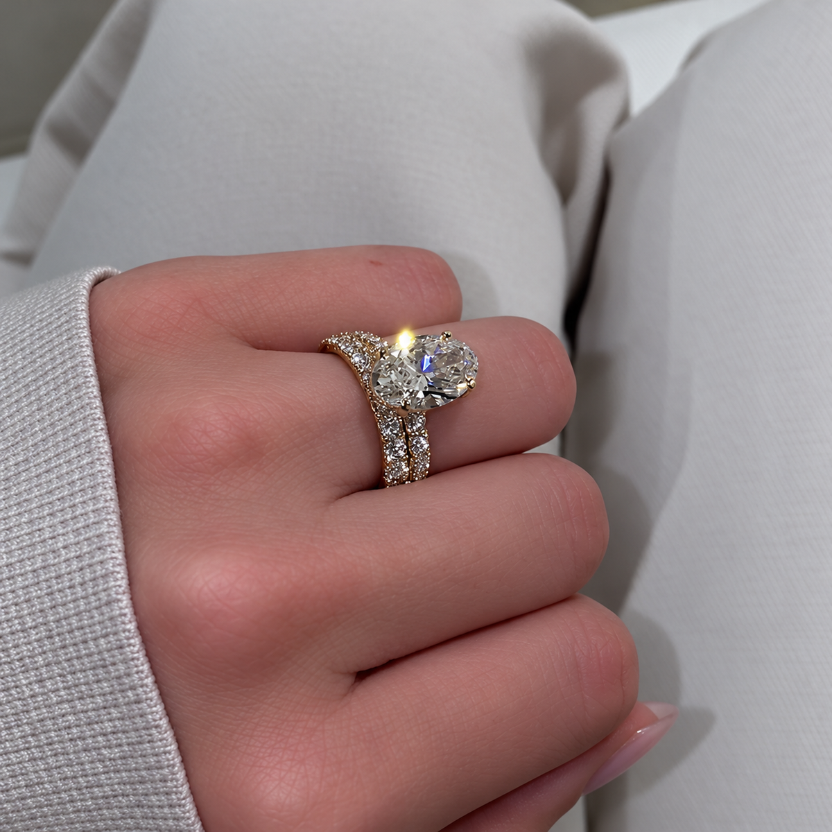3PC 5.0ct Oval Cut Gemstone Bridal Ring Set With Pave & Brushed Bands
