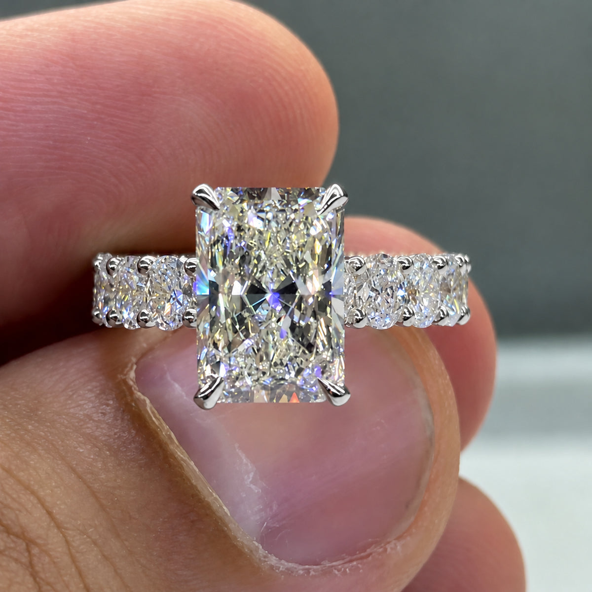 Luminous 5.0ct Radiant Cut Oval Accent Band Engagement Ring in Sterling Silver