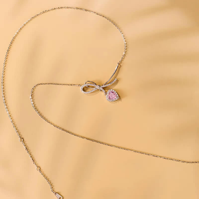 Heart Cut Pink Bow Sterling Silver Necklace