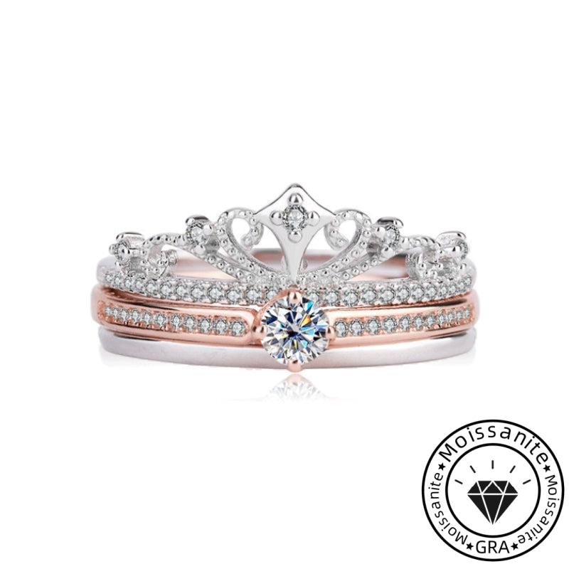 Solarii Moissanite 0.30ct Crown Design Round Cut 925 Sterling Silver Wedding Ring Set