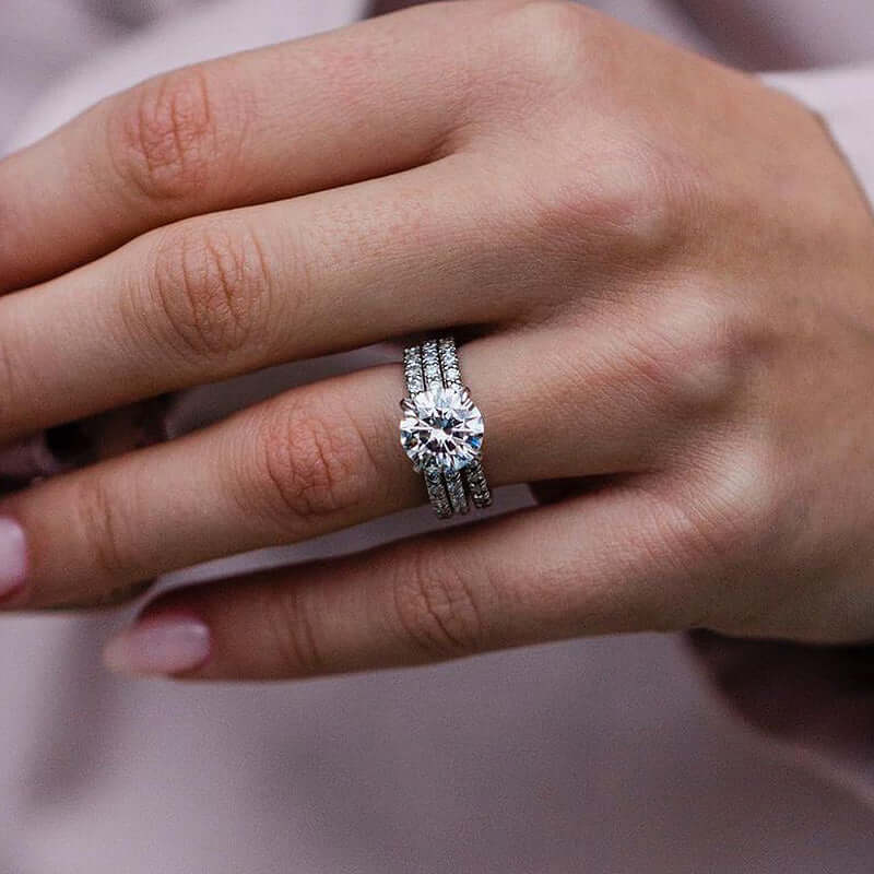 Elegant Sterling Silver Round Cut 3PC Wedding Ring Set
