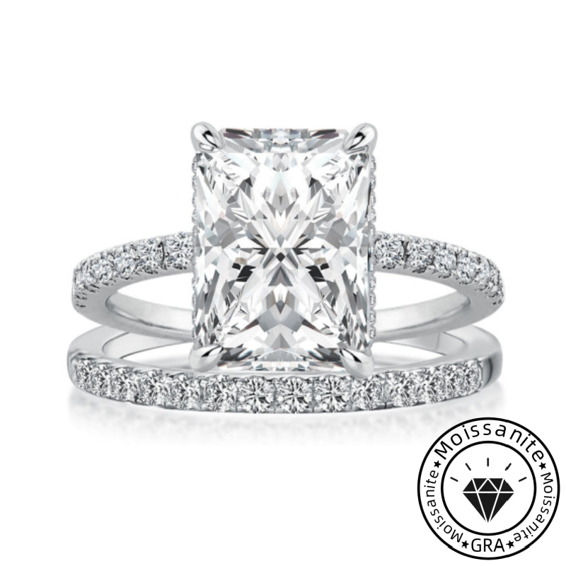 Solarii Moissanite 4.0ct Radiant Cut 925 Sterling Silver Wedding Ring Set