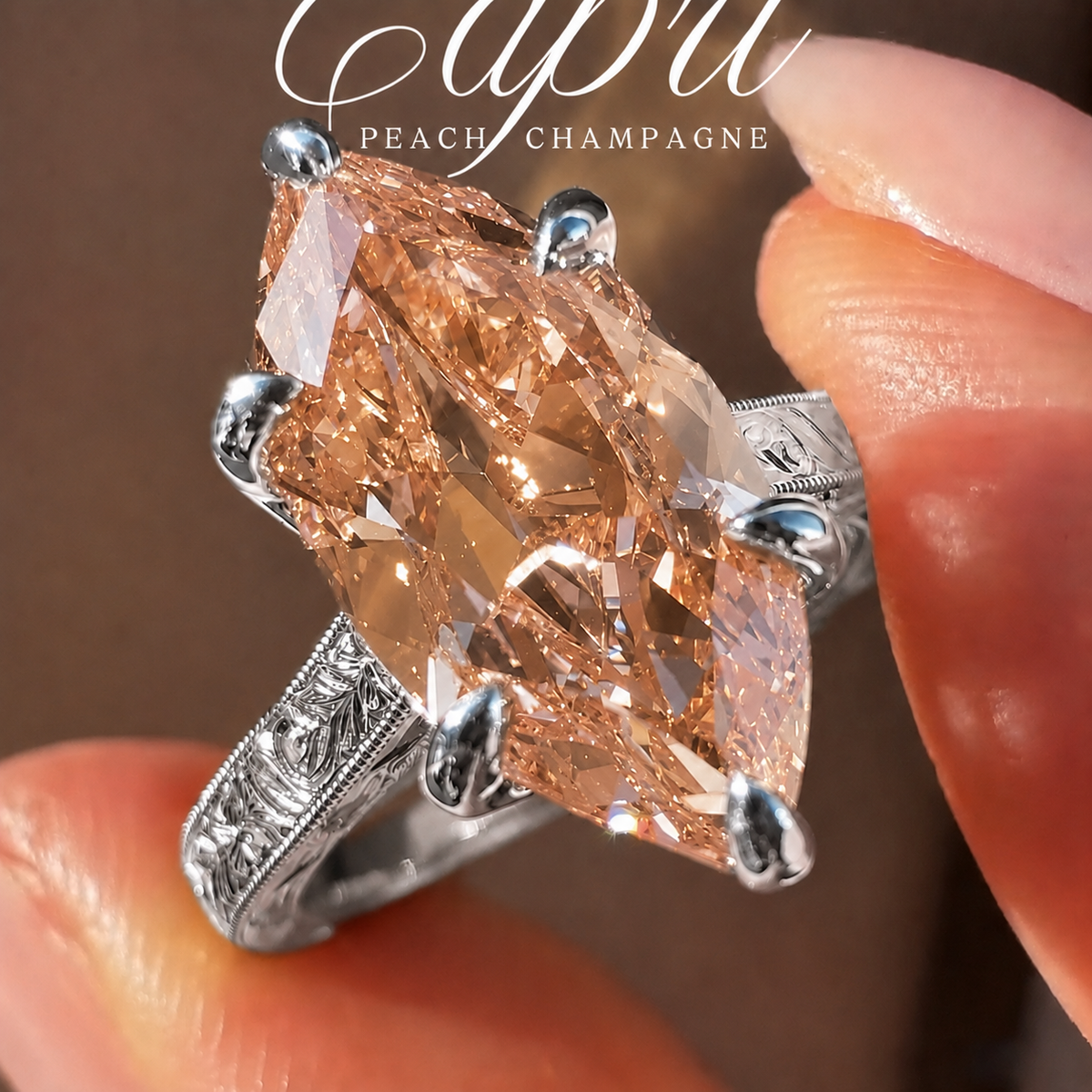 Vintage 3.0ct Hand-Engraved Peach Champagne Marquise Cut Engagement Ring In Sterling Silver