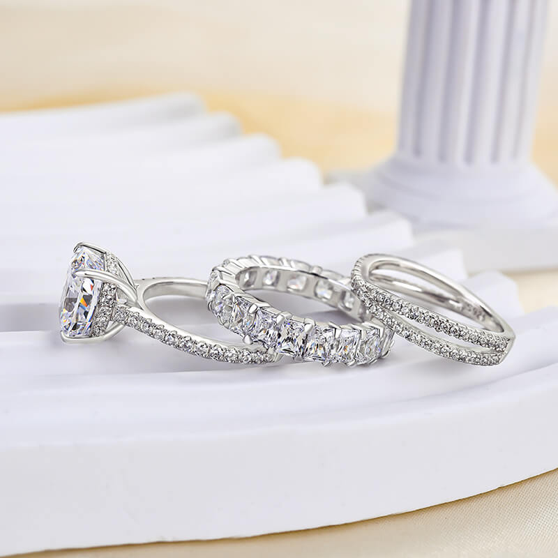 Solarii Cubic Zirconia 4.0ct Cushion Cut 925 Sterling Silver Wedding Ring Set