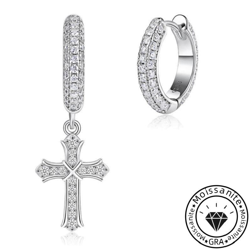 Solarii Moissanite Round Cut 925 Sterling Silver Asymmetrical Cross Design Earrings
