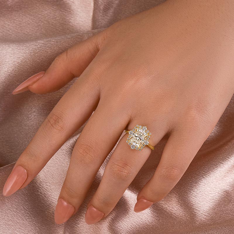 Artful Solarii Moissanite 3.0ct Radiant Cut 925 Sterling Silver Halo Design Engagement Ring