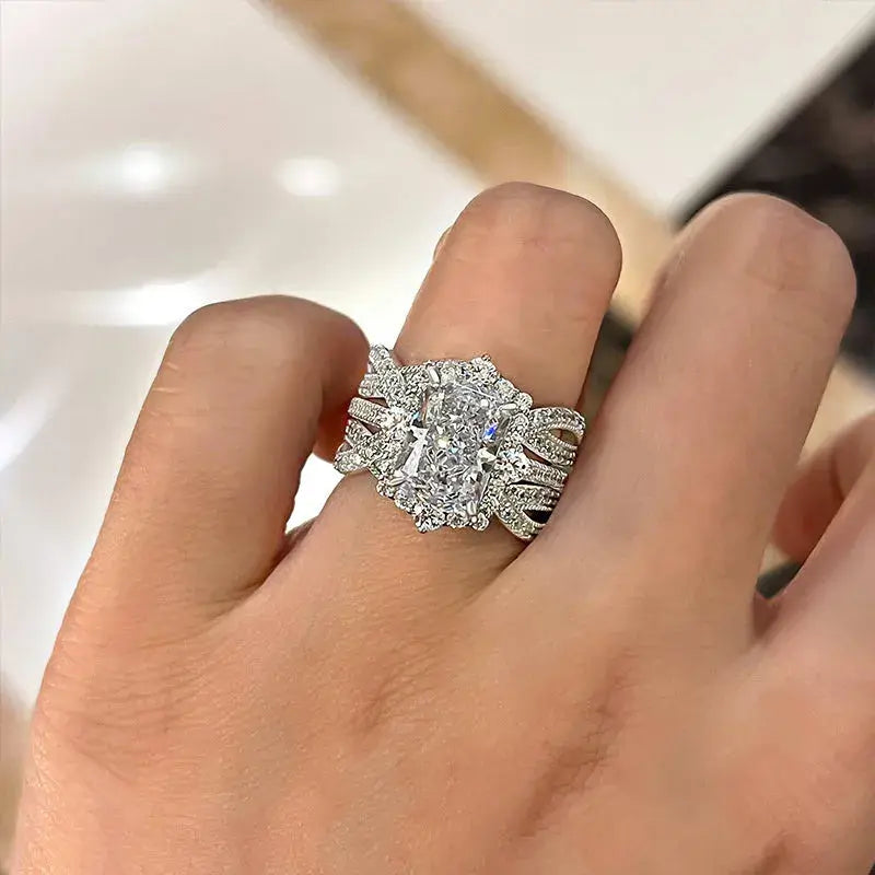 Luxurious Radiant Cut 925 Sterling Silver Bridal Set