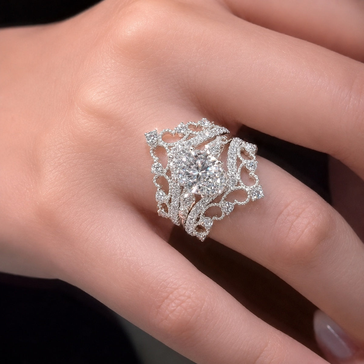 Romantic 3.5ct Oval Cut Lace Crown 3PC Bridal Set in Sterling Silver