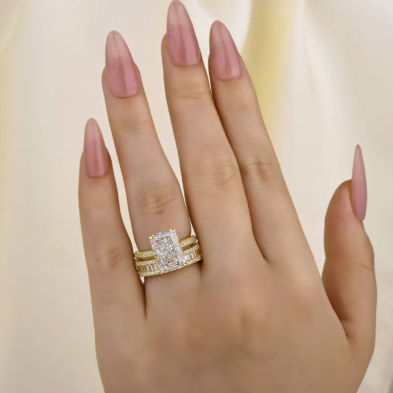 Elongated Radiant Cut 925 Silver Wedding Ring Set