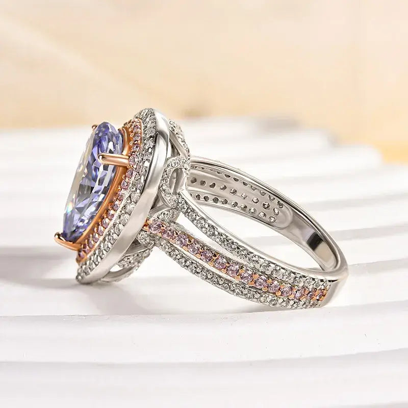 Sterling Silver Double Halo Pear Cut Blue Stone Engagement Ring