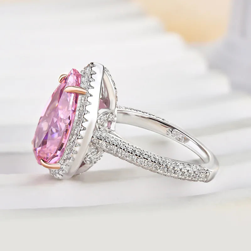 Pink Pear Cut Simulated Diamonds Ring, White Gold, 925 Silver.