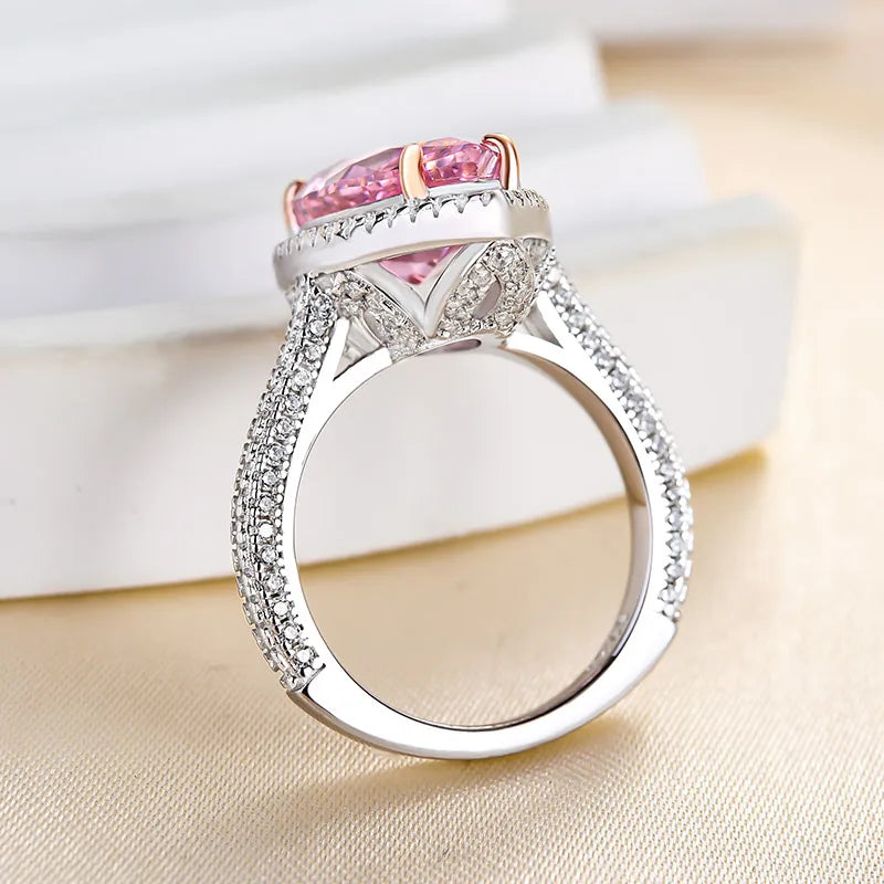 Pink Pear Cut Simulated Diamonds Ring, White Gold, 925 Silver.