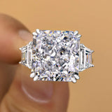 Effervescent Radiant Cut 12.0ct Three Stone Engagement Ring In Sterling Silver