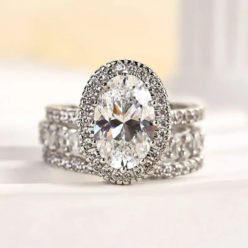 Classic Oval Cut Halo Bridal Set Sterling Silver