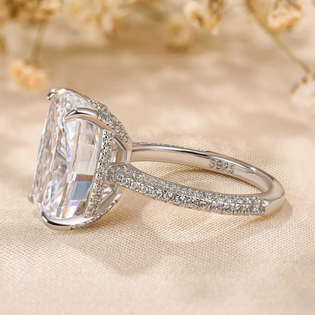 Deluxe Cushion Cut 9.0ct Pave Engagement Ring In Sterling Silver
