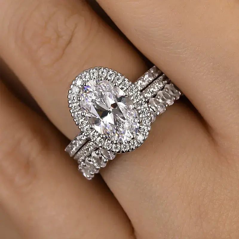 Classic Oval Cut Halo Bridal Set Sterling Silver