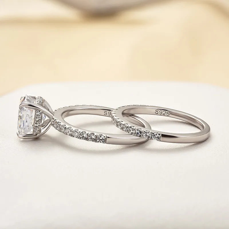 Chunky Cushion Cut 3 Ct Pave 925 Sterling Silver Wedding Ring Set