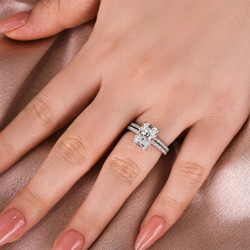 Solarii Moissanite 4.0ct Radiant Cut 925 Sterling Silver Wedding Ring Set