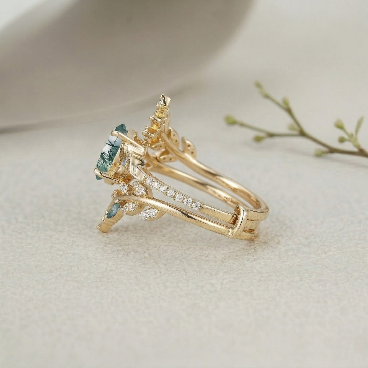 Vintage Moss Agate 1.5ct Oval Cut Engagement Ring Set | Nature-Inspired Branch & Leaf Band