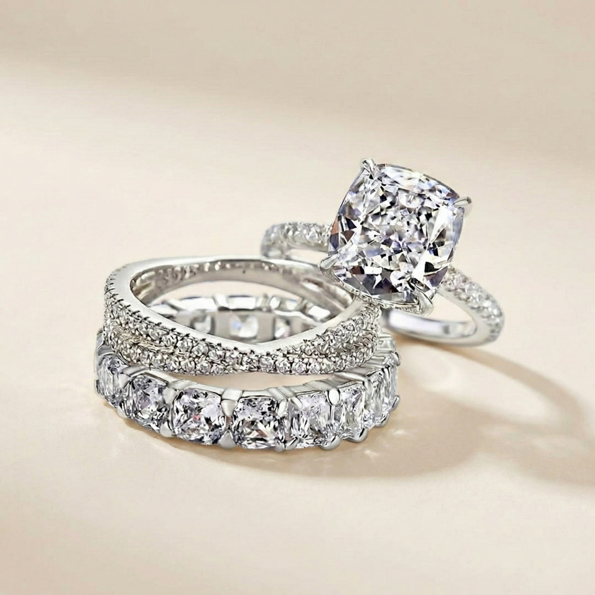 Solarii Cubic Zirconia 4.0ct Cushion Cut 925 Sterling Silver Wedding Ring Set