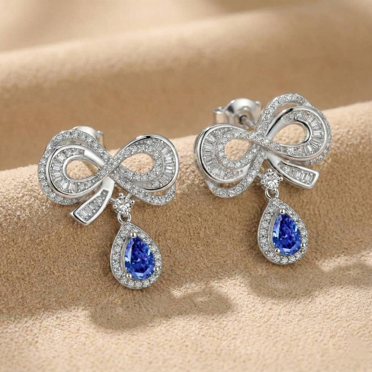 925 Sterling Silver Blue Gemstone Bow Drop Earrings