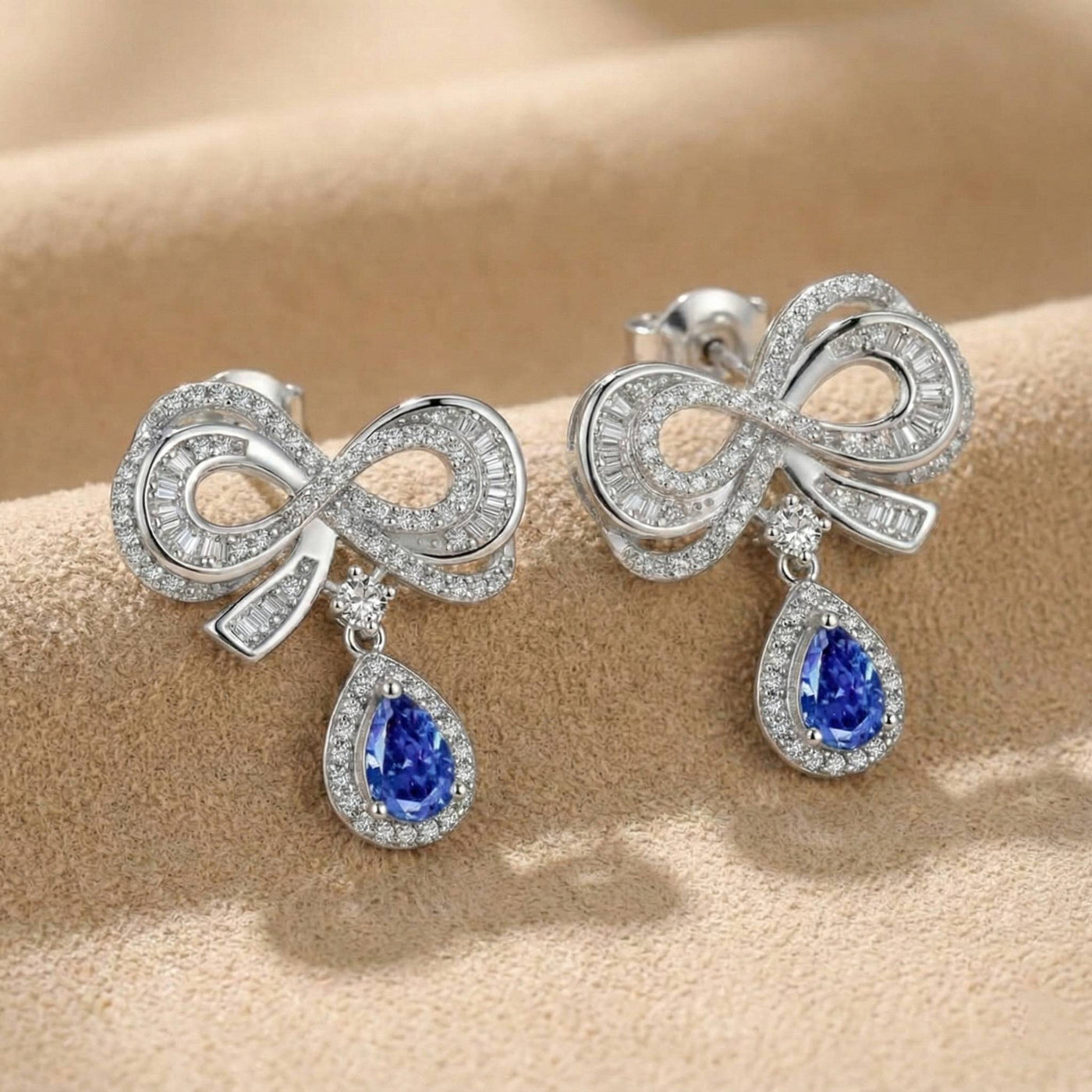 925 Sterling Silver Blue Gemstone Bow Drop Earrings