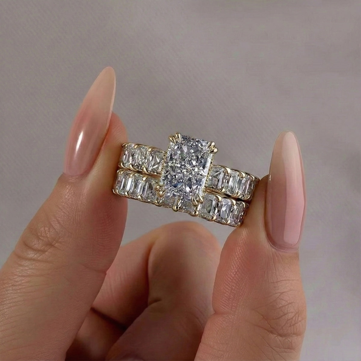 Dimensional Radiant Cut 3.0ct Pave 925 Sterling Silver Wedding Ring Set