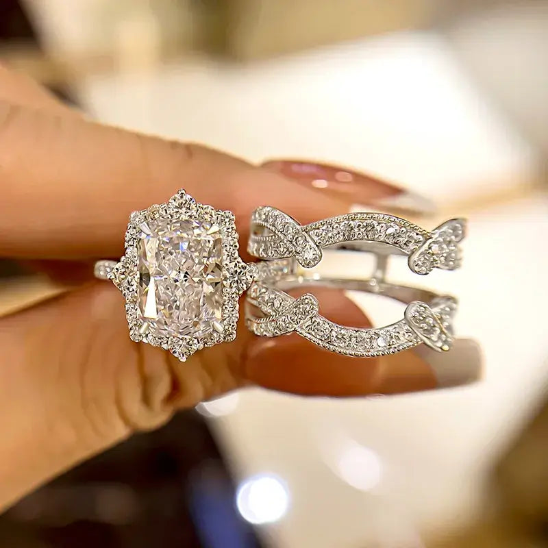 Luxurious Radiant Cut 925 Sterling Silver Bridal Set