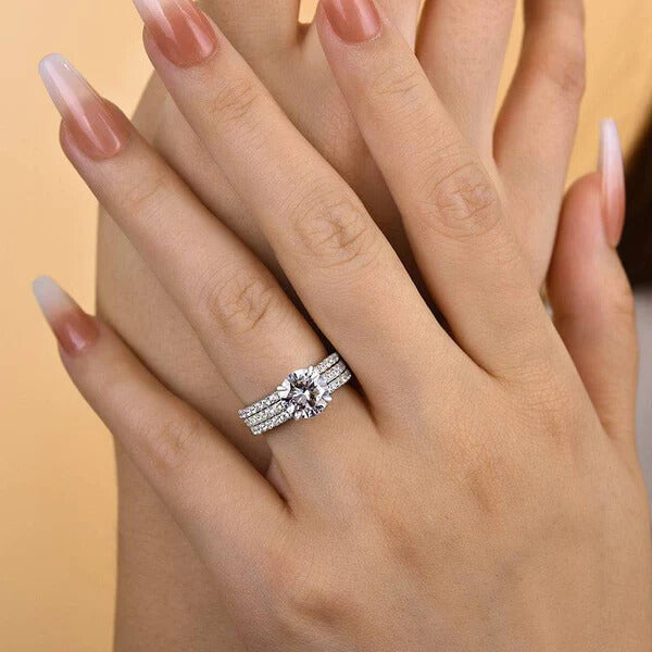 Elegant Sterling Silver Round Cut 3PC Wedding Ring Set