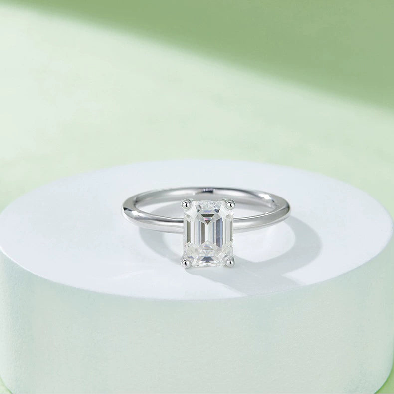 Classic Solarii Moissanite 2.0ct Emerald Cut 925 Sterling Silver Engagement Ring