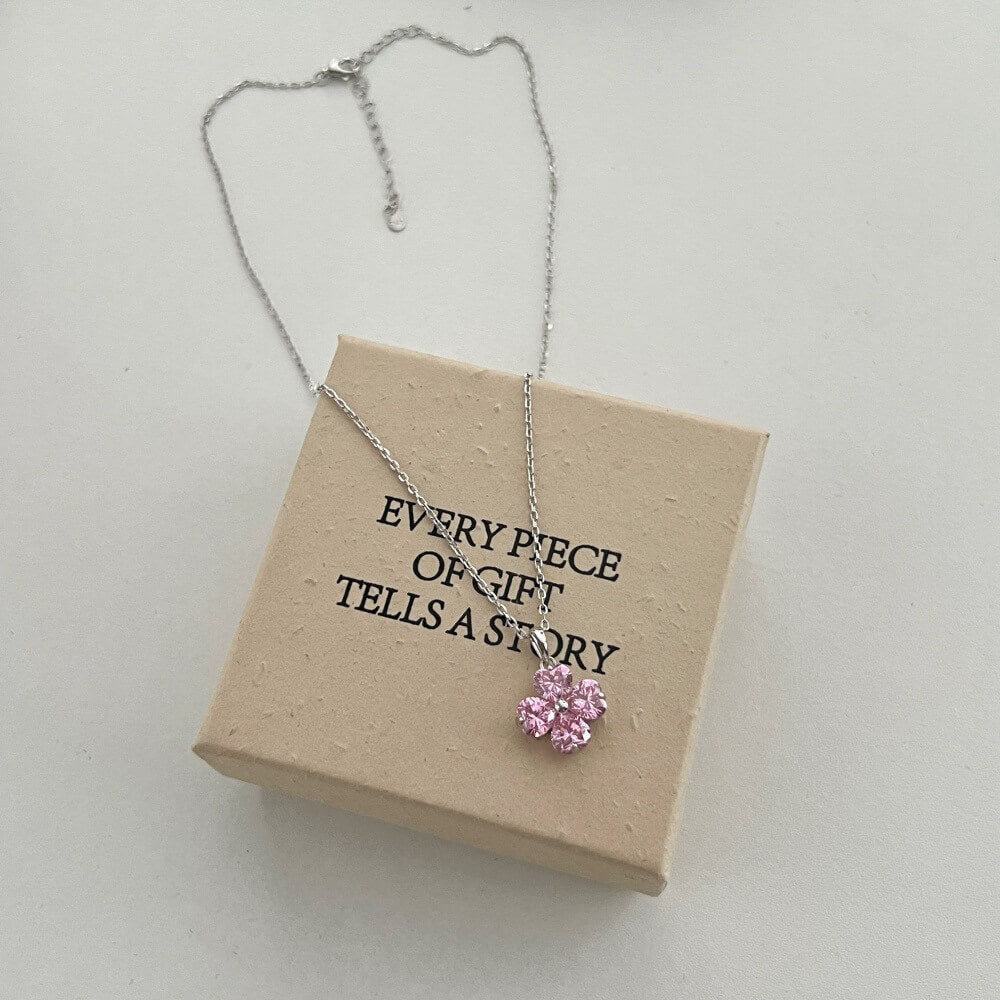 Heart Cut Pink Flower Sterling Silver Necklace