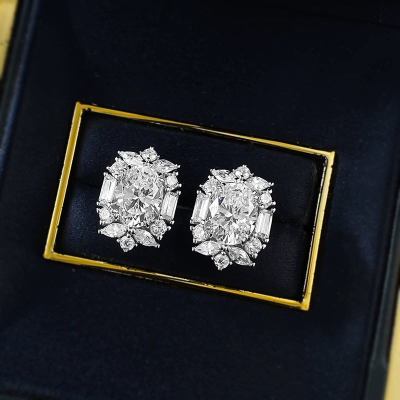 Solarii Cluster Halo Oval Cut Stud Earrings In Sterling Silver