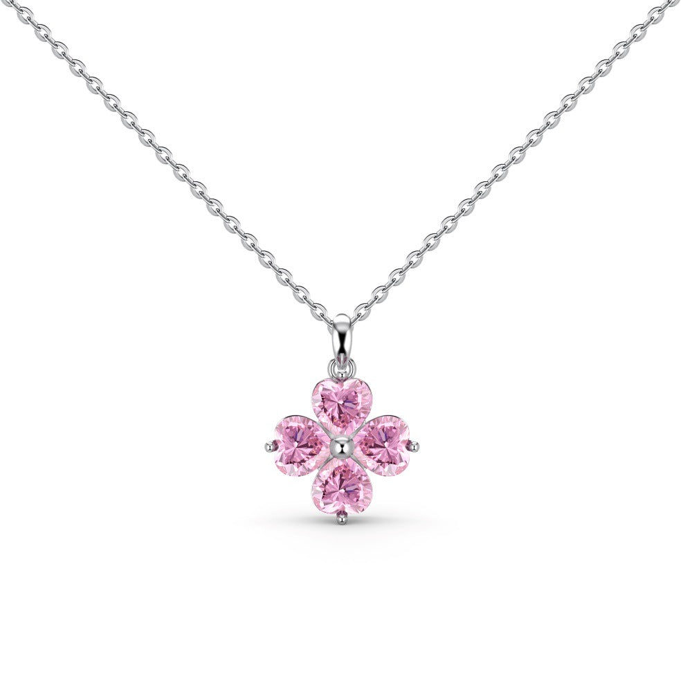 Heart Cut Pink Flower Sterling Silver Necklace