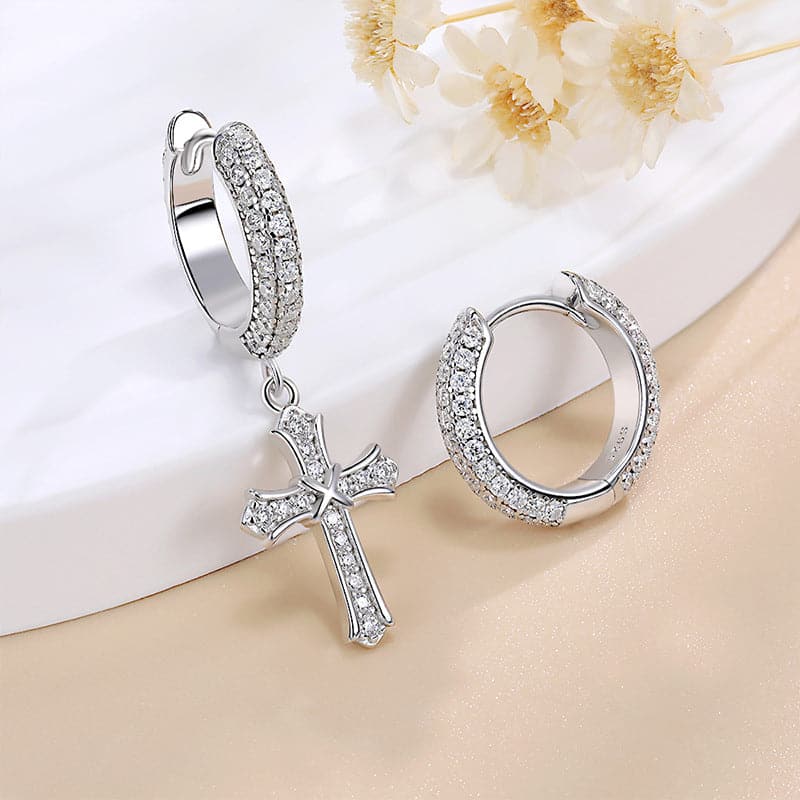 Solarii Moissanite Round Cut 925 Sterling Silver Asymmetrical Cross Design Earrings
