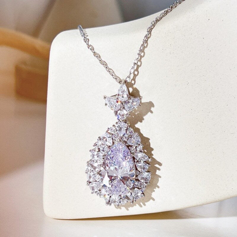 Pear Cut Multi Color Halo Sterling Silver Necklace