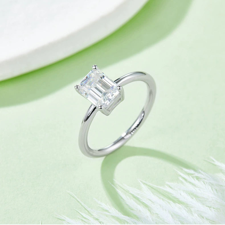 Classic Solarii Moissanite 2.0ct Emerald Cut 925 Sterling Silver Engagement Ring