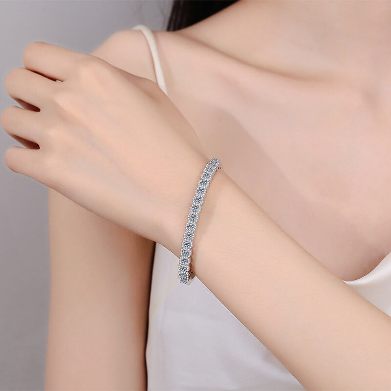 Round Cut Moissanite Bangle Bracelet with White Gold Plating, 925 Sterling Silver