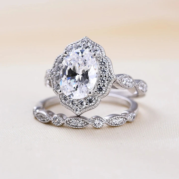 Vintage Oval Cut Sterling Silver Wedding Ring Set