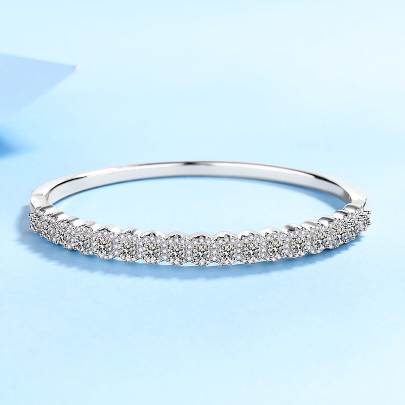 Round Cut Moissanite Bangle Bracelet with White Gold Plating, 925 Sterling Silver