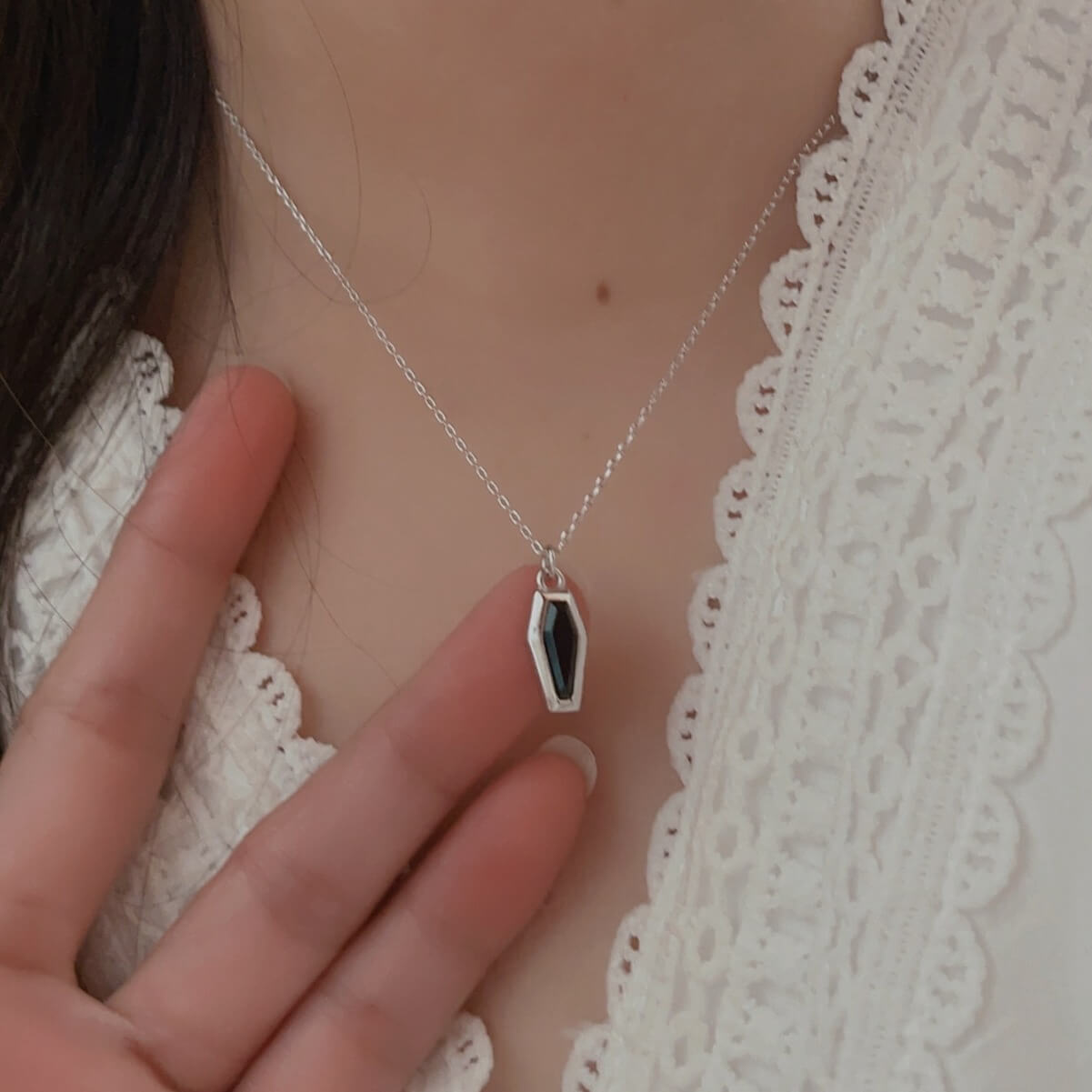 Halloween Coffin Cut Black Stone Necklace In Sterling Silver