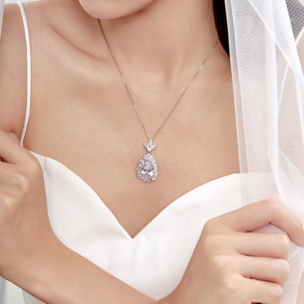 Pear Cut Multi Color Halo Sterling Silver Necklace