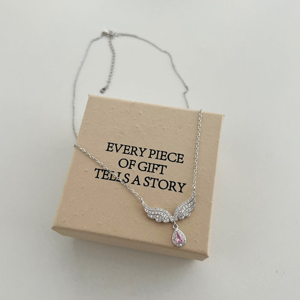 Angel Wings With Pear Cut Pink Sterling Silver Necklace