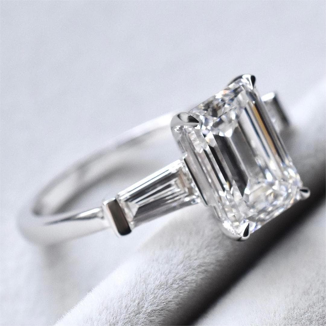 Solarii Moissanite 4.0ct Emerald Cut Three Stones 925 Sterling Silver Engagement Ring